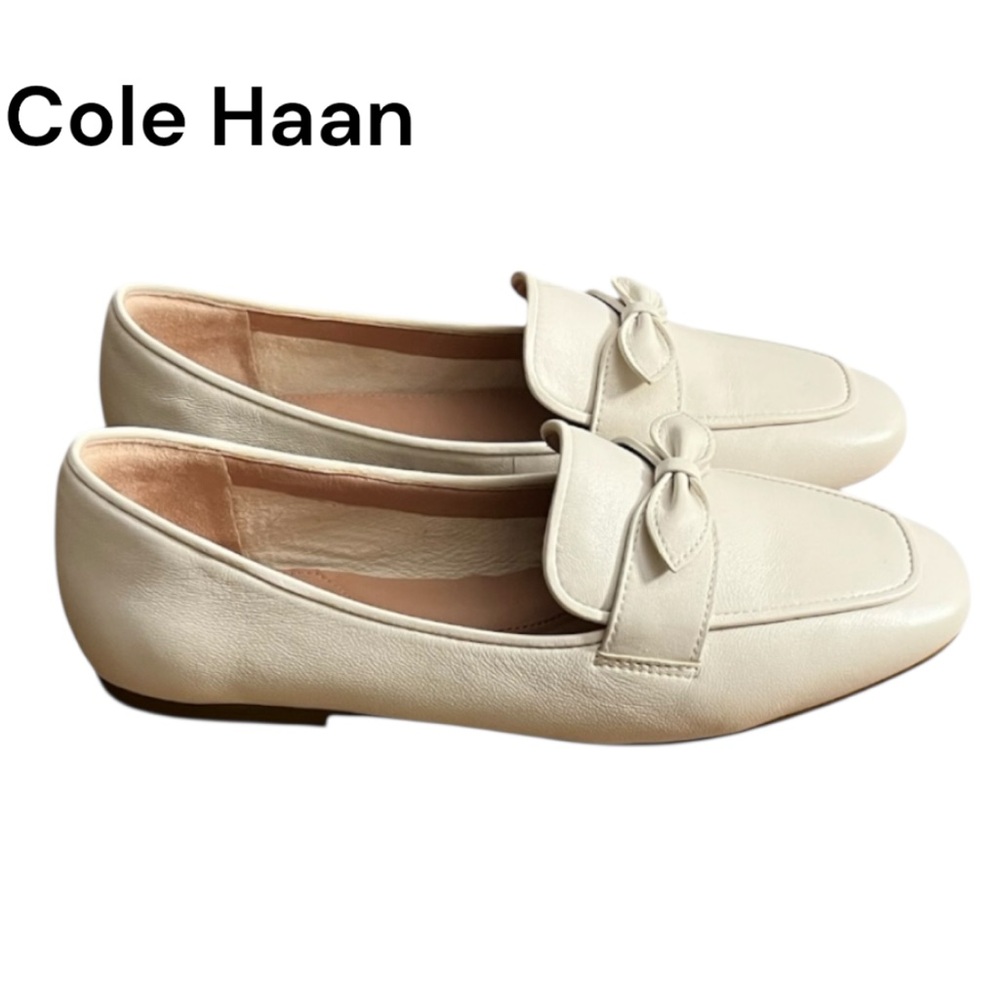 Cole Haan Cream Leather Bow Loafer Flats, Size 6.5B Made in Italy